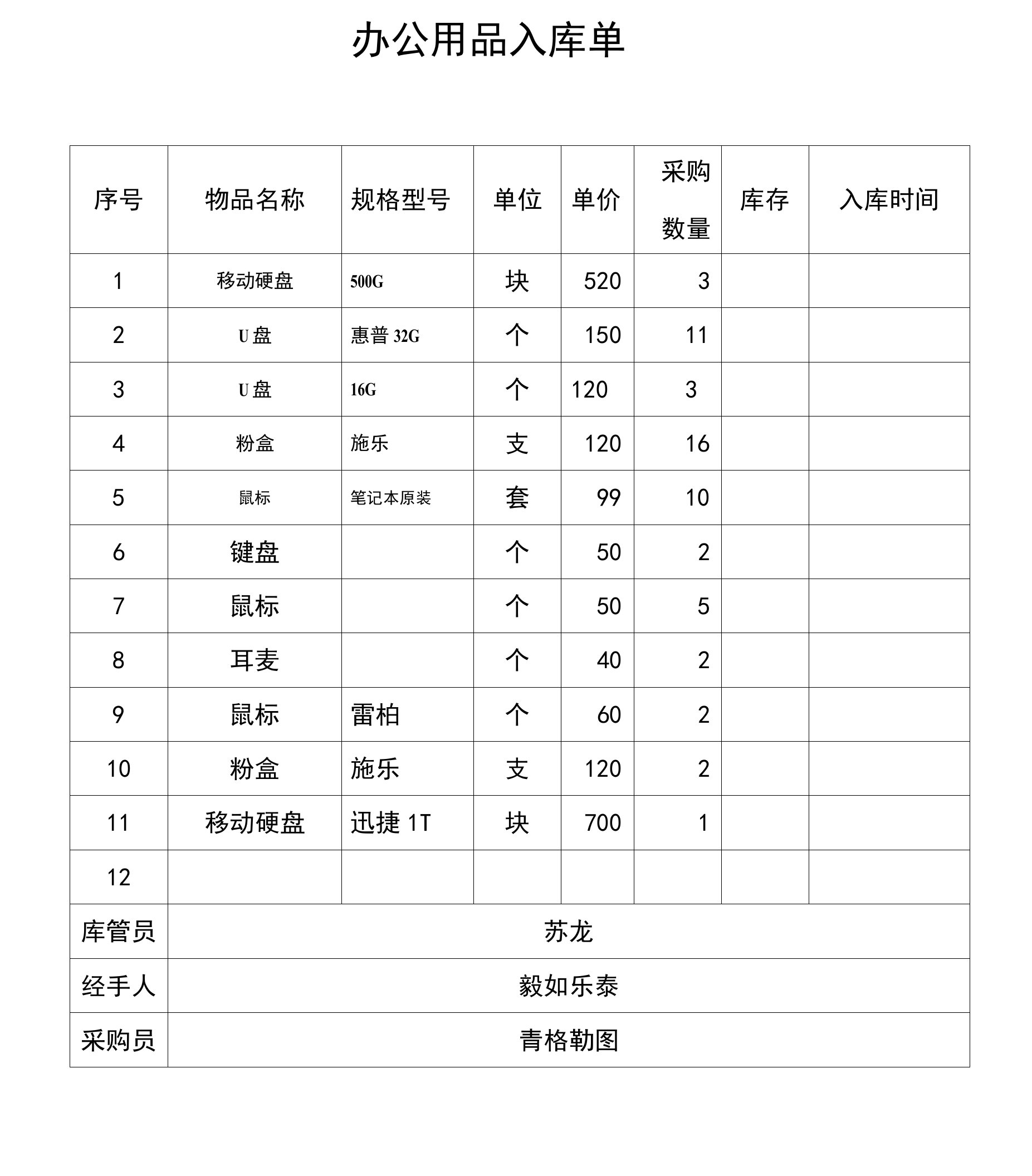 办公用品入出库单