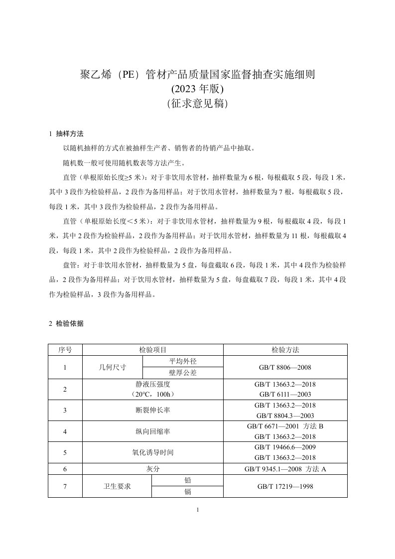 《聚乙烯（PE）管材产品质量国家监督抽查实施细则（2023年版）》（征