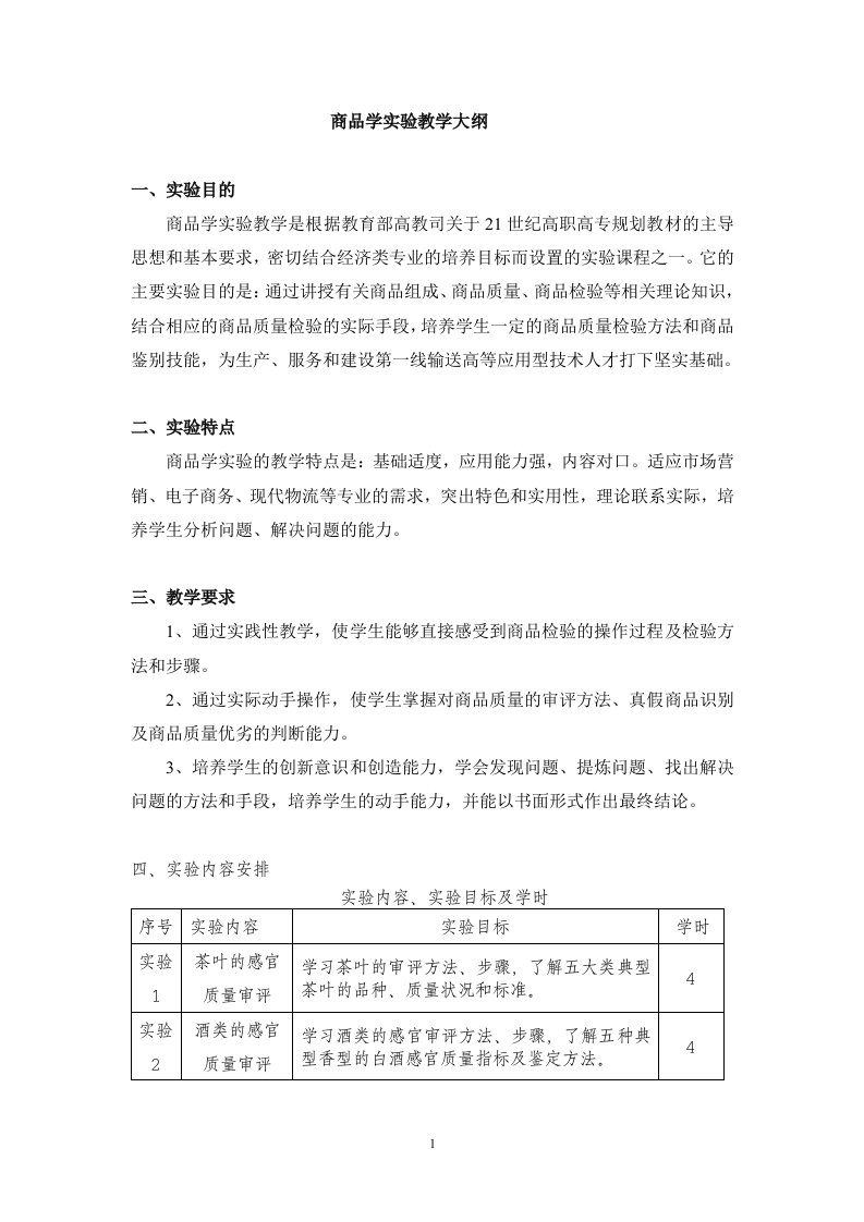 商品学实验教学大纲