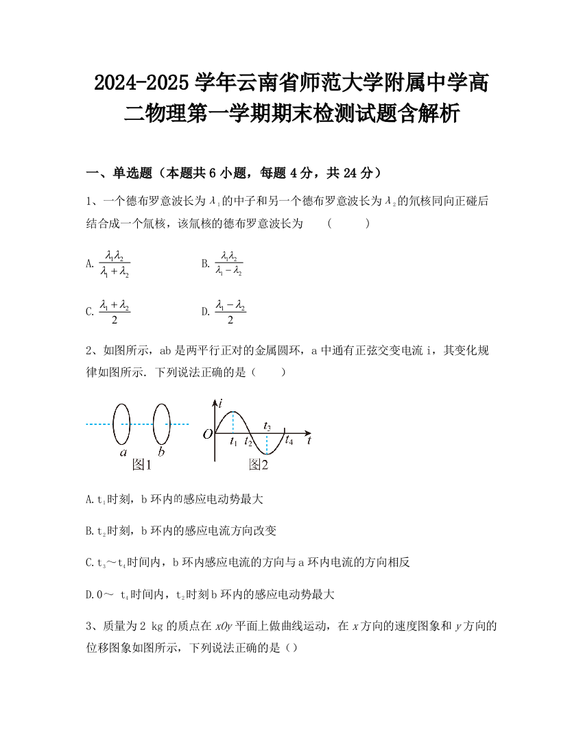 2024-2025学年云南省师范大学附属中学高二物理第一学期期末检测试题含解析