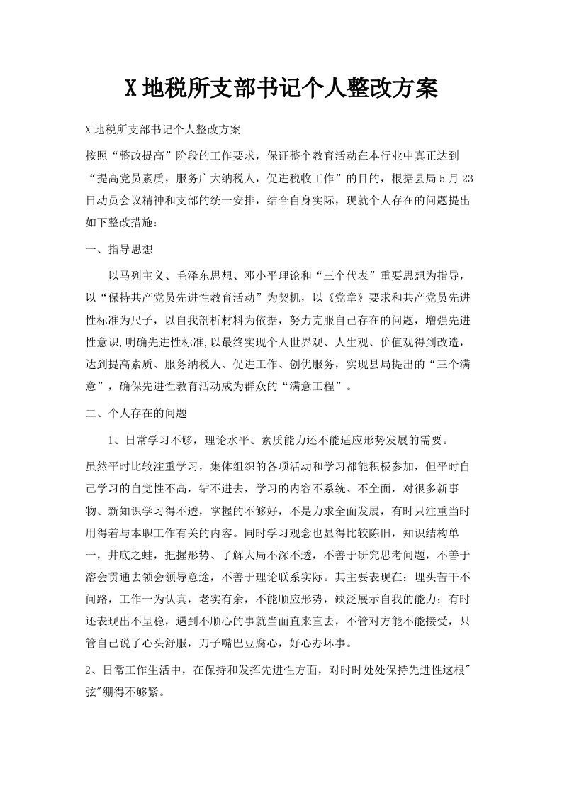 X地税所支部书记个人整改方案