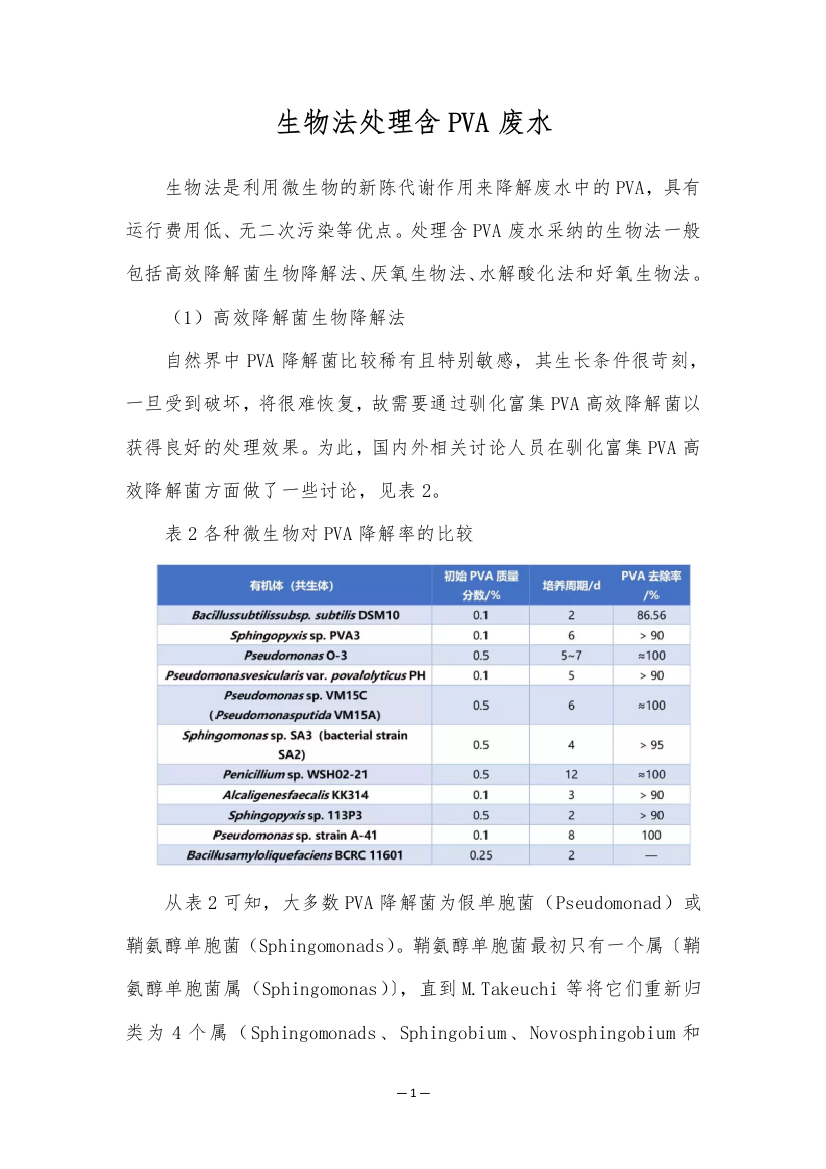 生物法处理含PVA废水