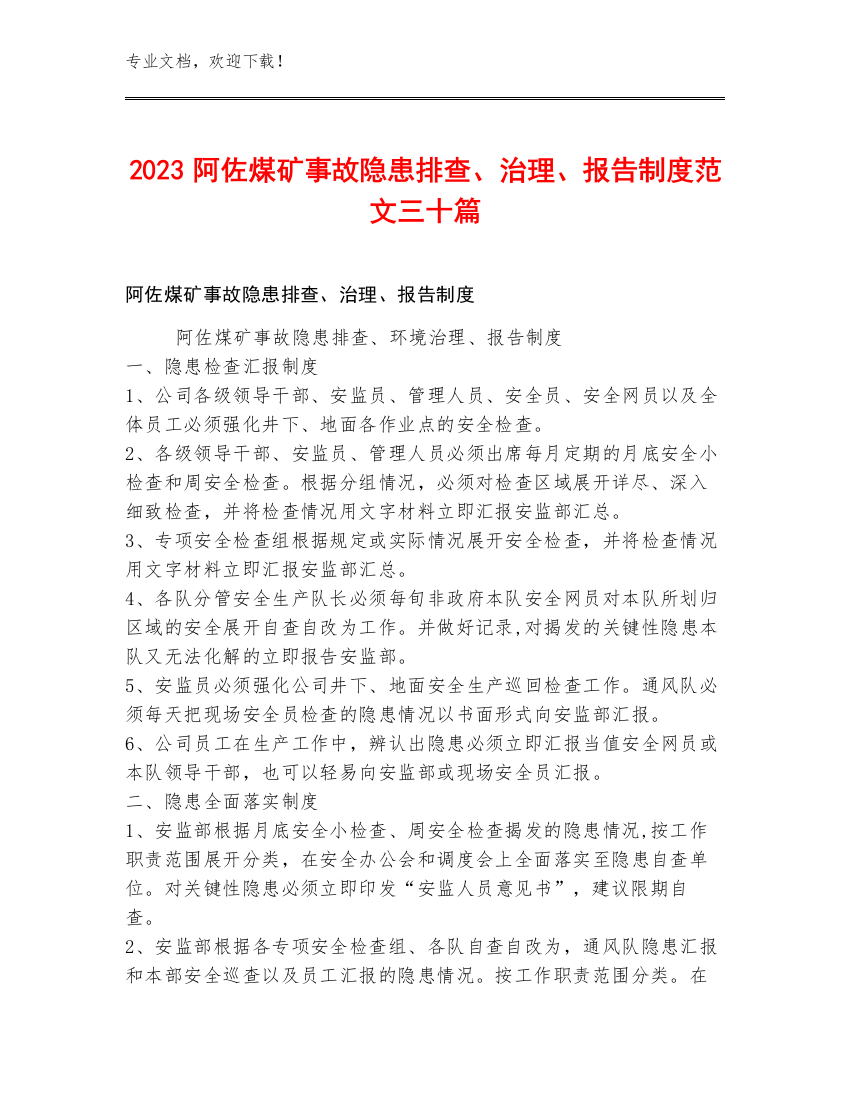 2023阿佐煤矿事故隐患排查、治理、报告制度范文三十篇