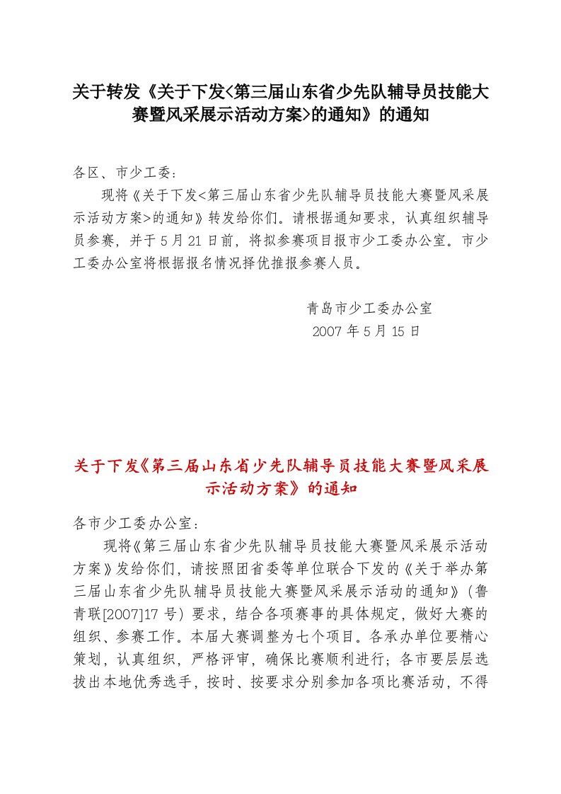 关于转发《关于下发第三届山东省少先队辅导员技能大赛暨风采