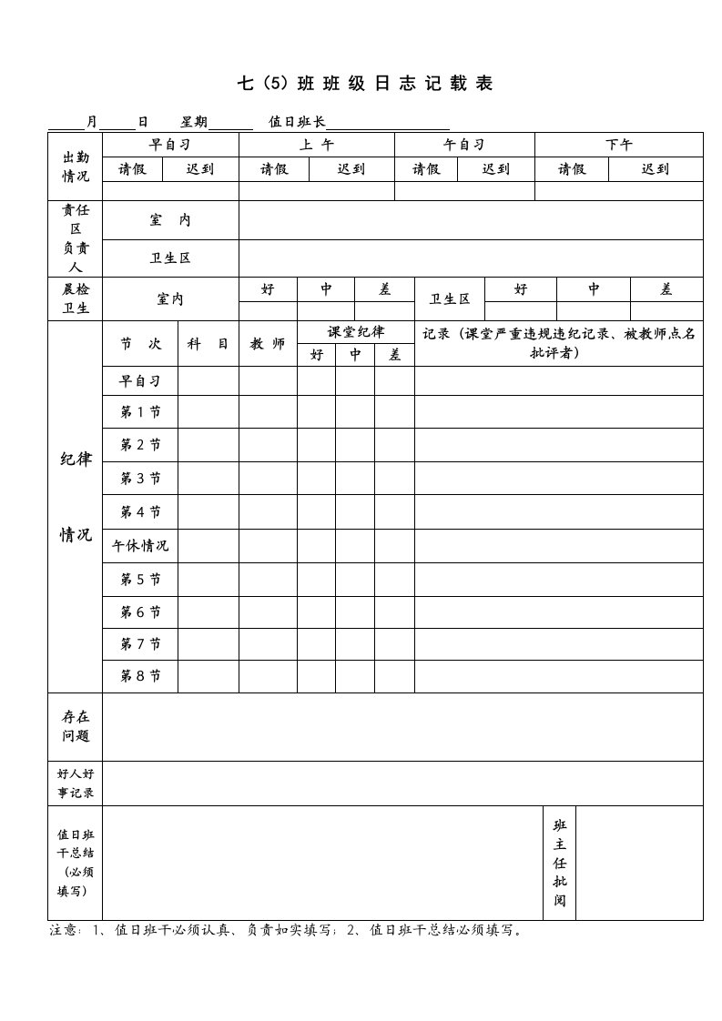 7.5班班务日志记录表