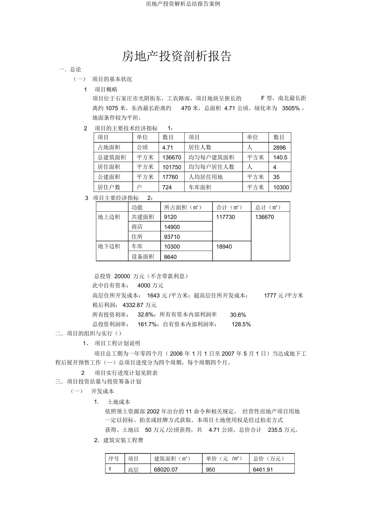 房地产投资解析总结报告案例