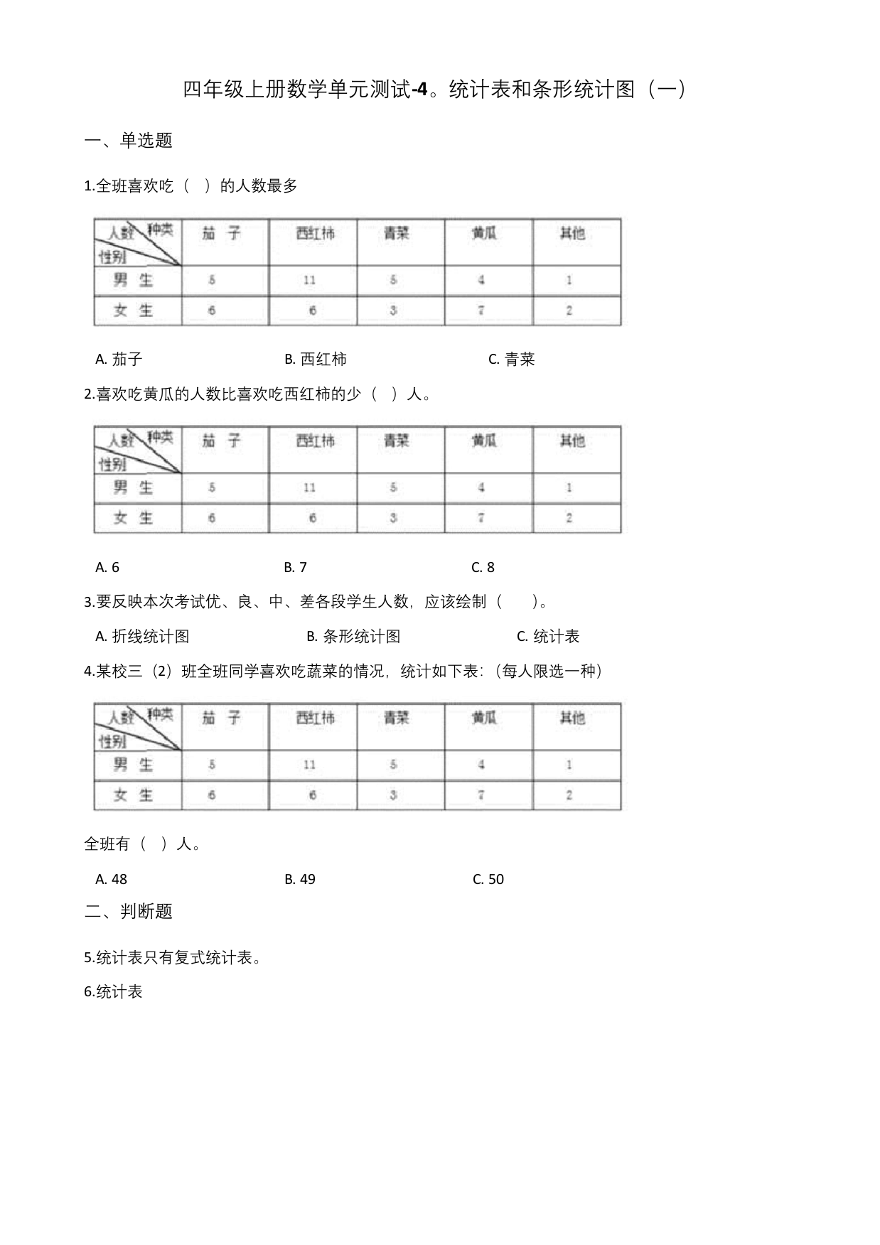 四年级上册数学试题-4.统计表和条形统计图一-苏教版含答案