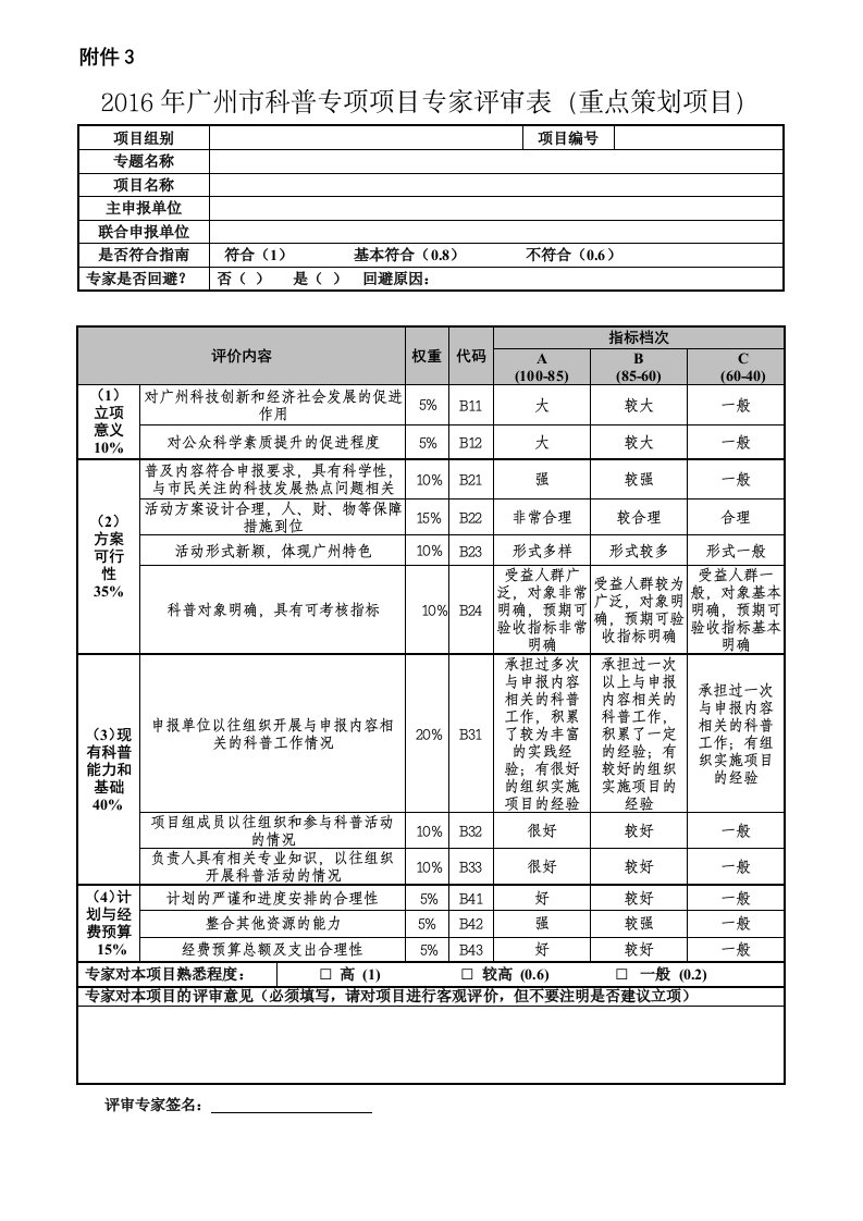 2016年广州市科普专项项目专家评审表