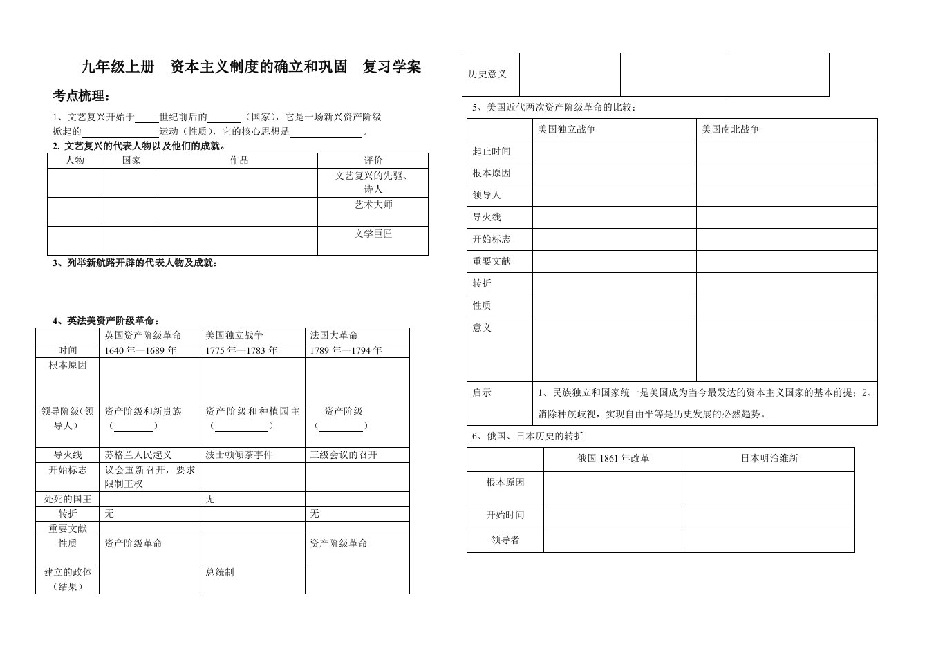 九年资本主义制度的确立和巩固复习学案