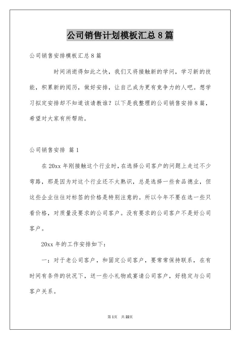 公司销售计划模板汇总8篇例文