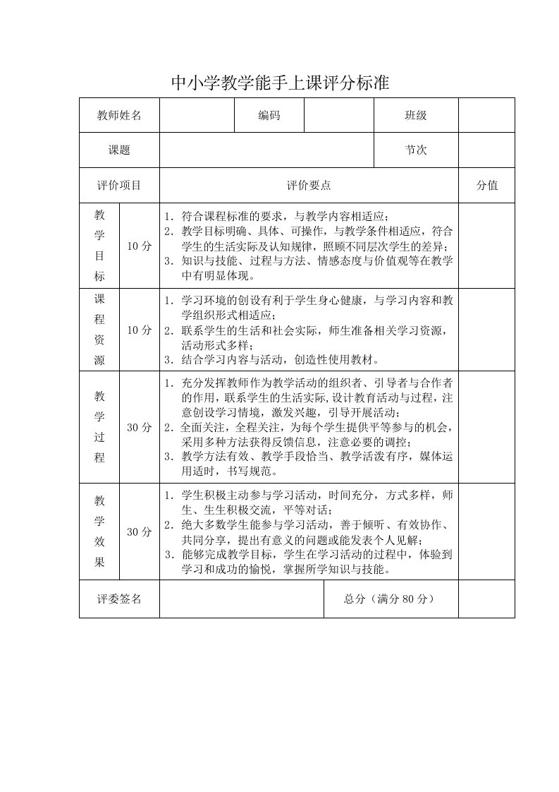 中小学教学能手上课评分标准