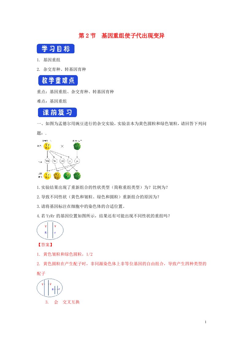 2020_2021学年新教材高中生物第四章生物的变异第二节基因重组使子代出现变异学案2浙科版必修2