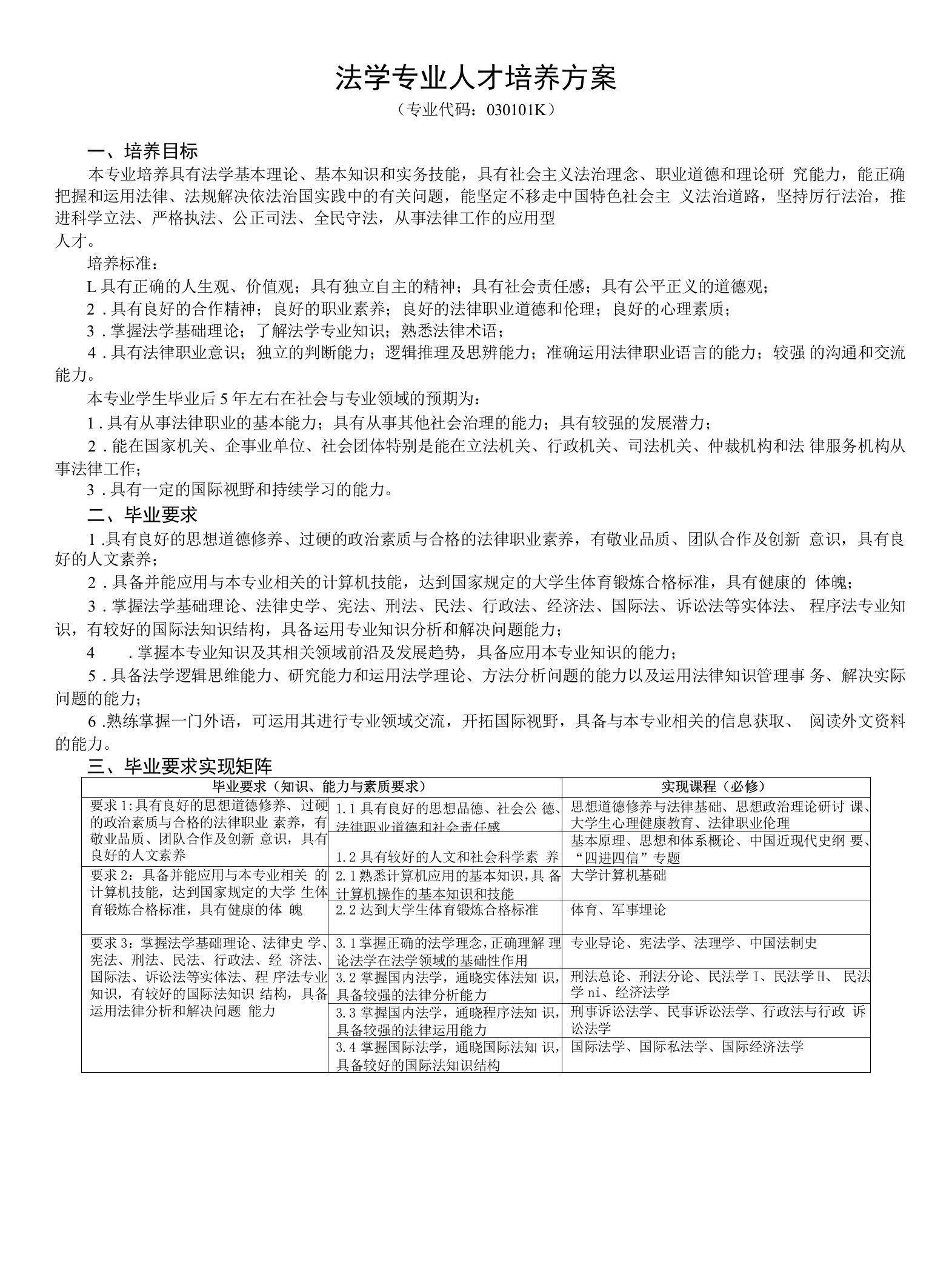 法学专业人才培养方案（本科）（2021版）