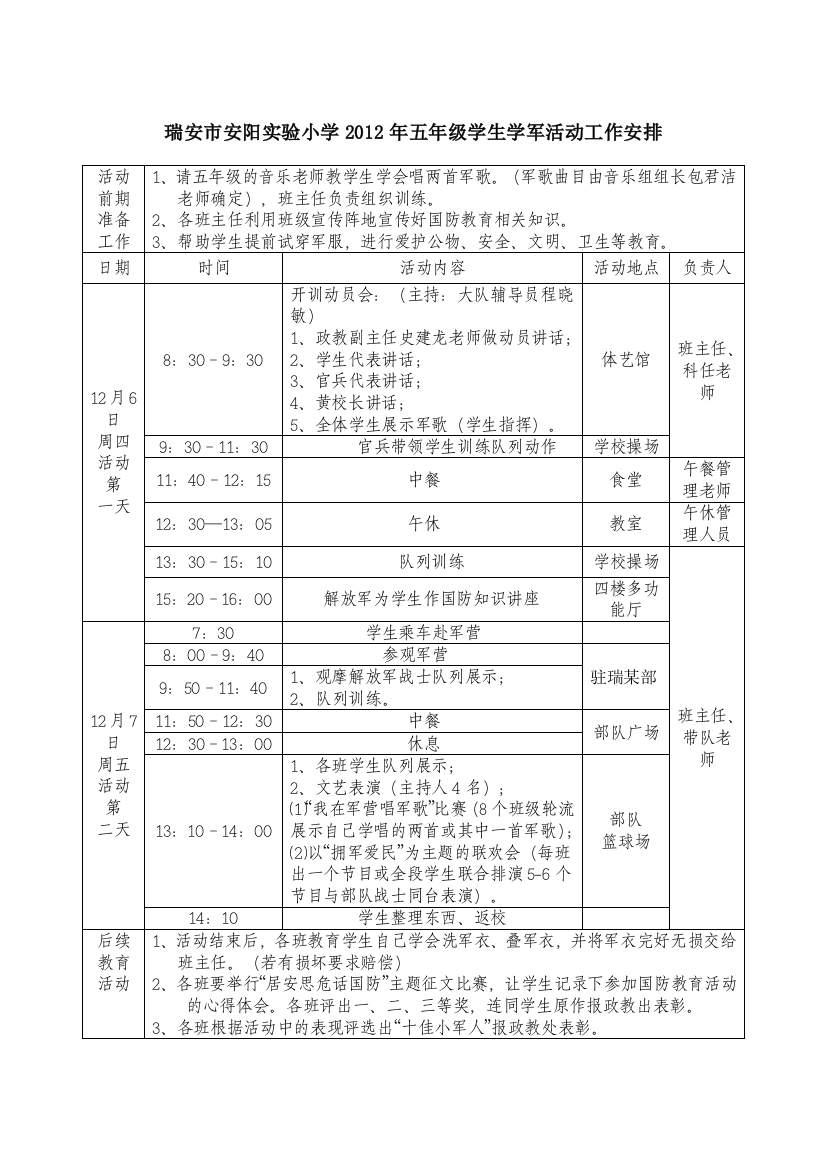 瑞安市安阳实验小学2012年五年级学生学军活动工作安排