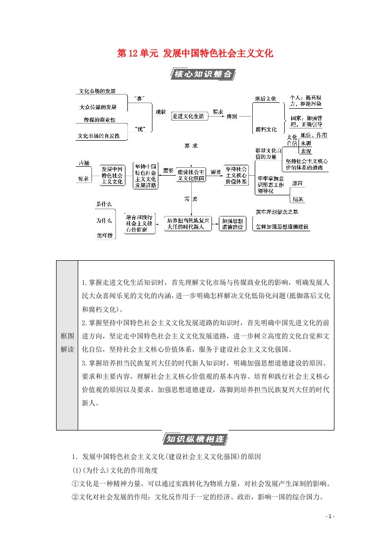 2022届高考政治一轮复习第12单元发展中国特色社会主义文化单元综合提升教案新人教版必修3