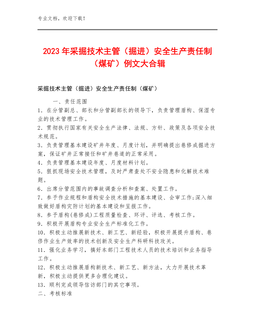 2023年采掘技术主管（掘进）安全生产责任制（煤矿）例文大合辑