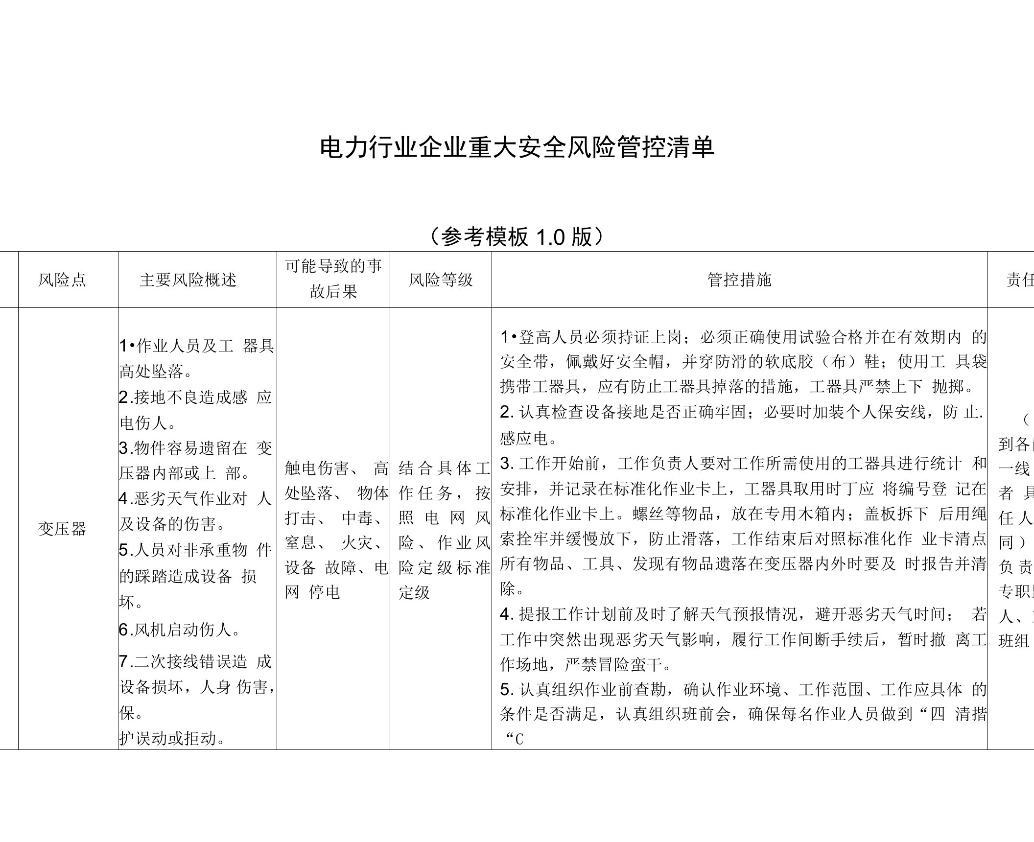 电力行业企业重大安全风险管控清单