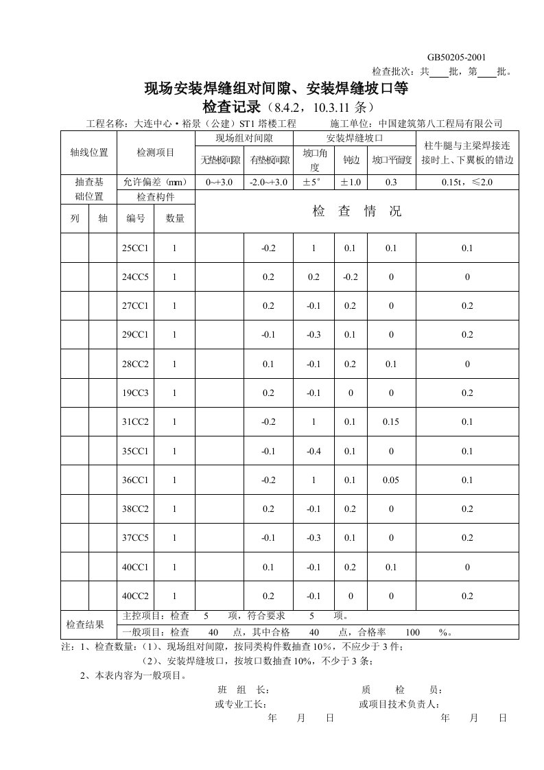 现场安装焊缝组对间隙、安装焊缝坡口等检查记录(2)