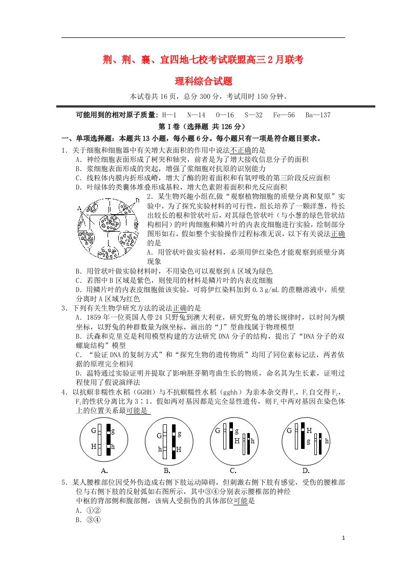 湖北省高三理综上学期2月七校联考试题