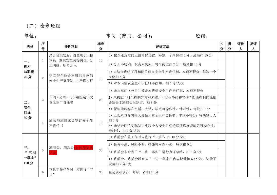 班组建设检查表