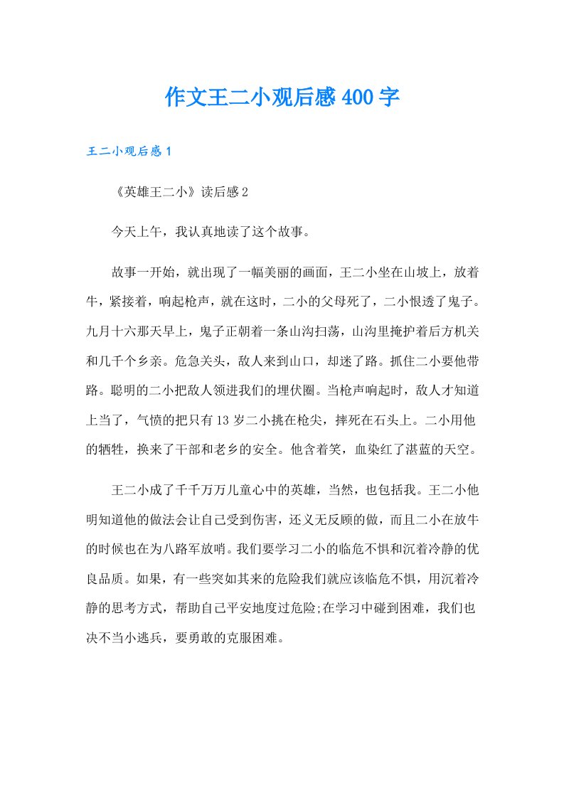 作文王二小观后感400字