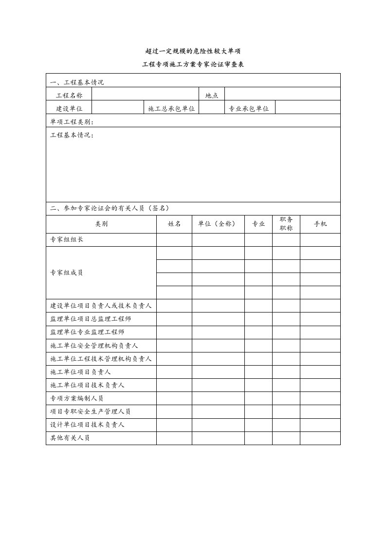 超过一定规模的危险性较大单项工程专项施工方案专家论证审查表