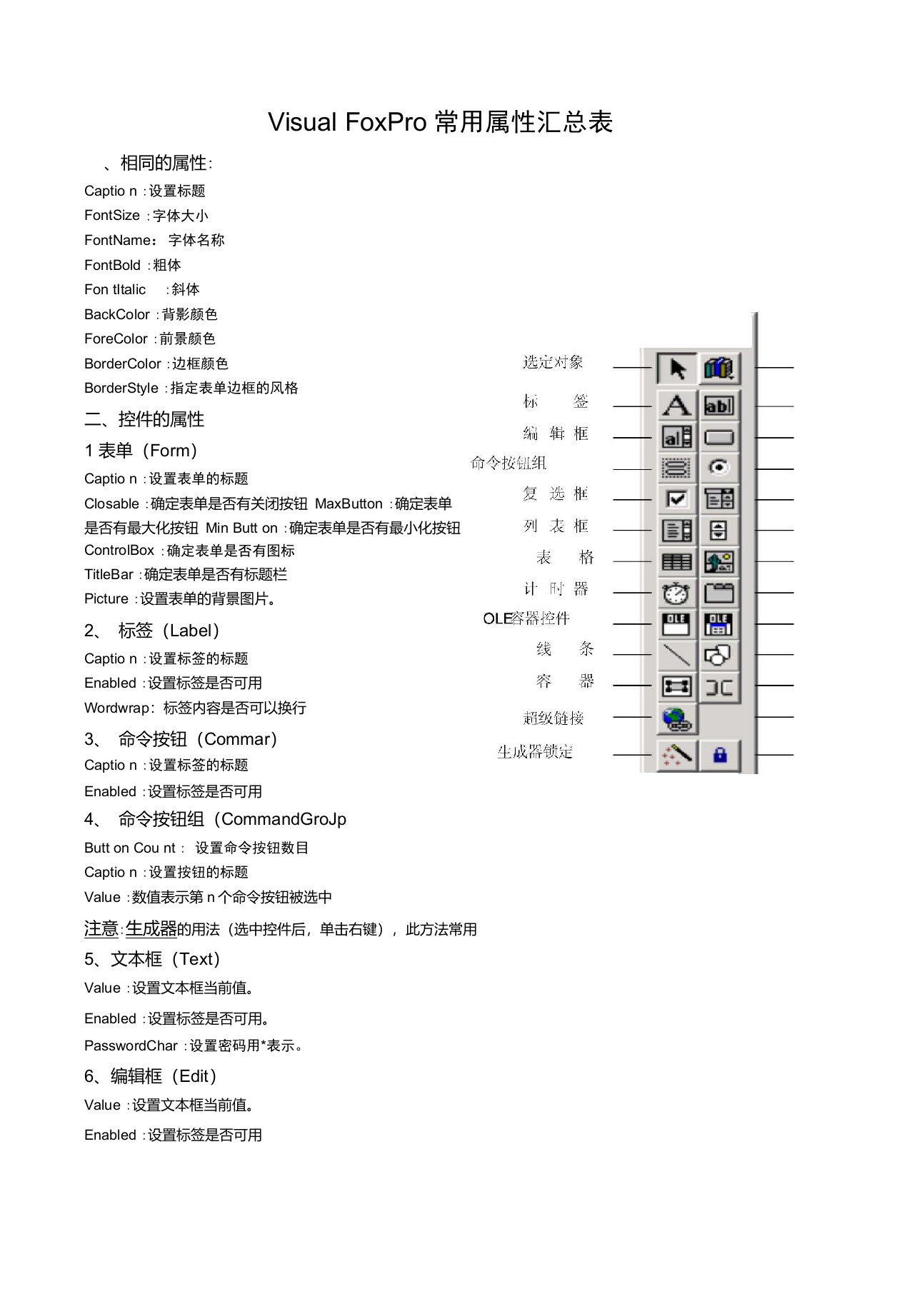 VisualFoxPro常用属性汇总表