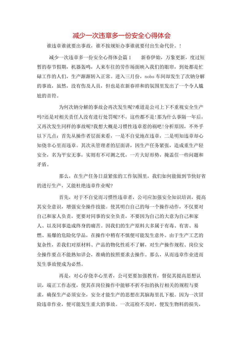 减少一次违章多一份安全心得体会