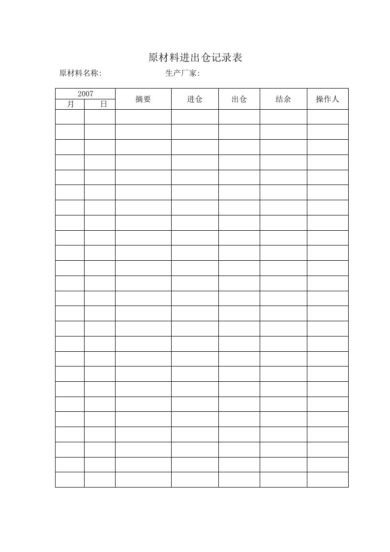 (QS管理表格)原材料进出仓记录