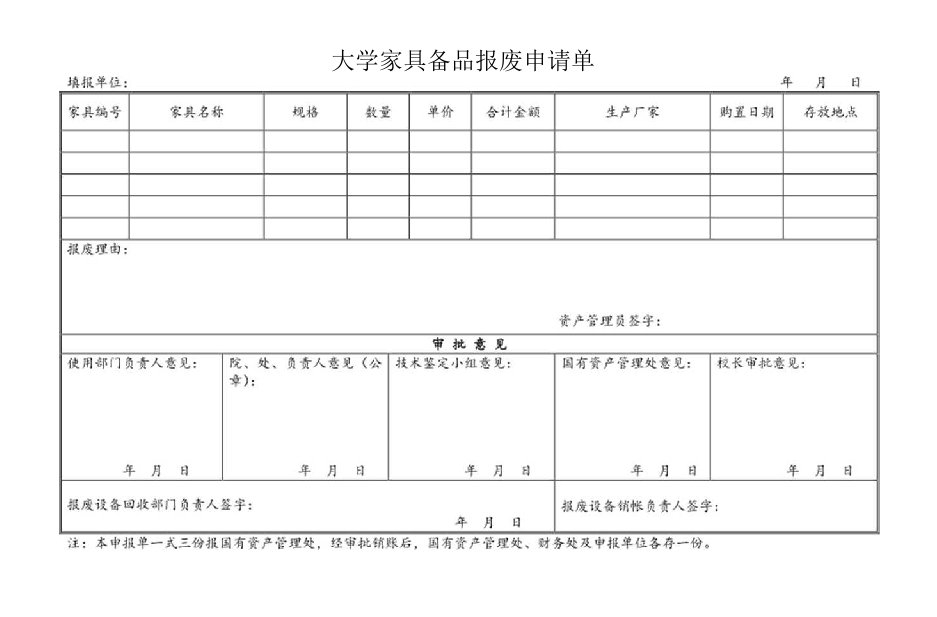 大学家具备品报废申请单