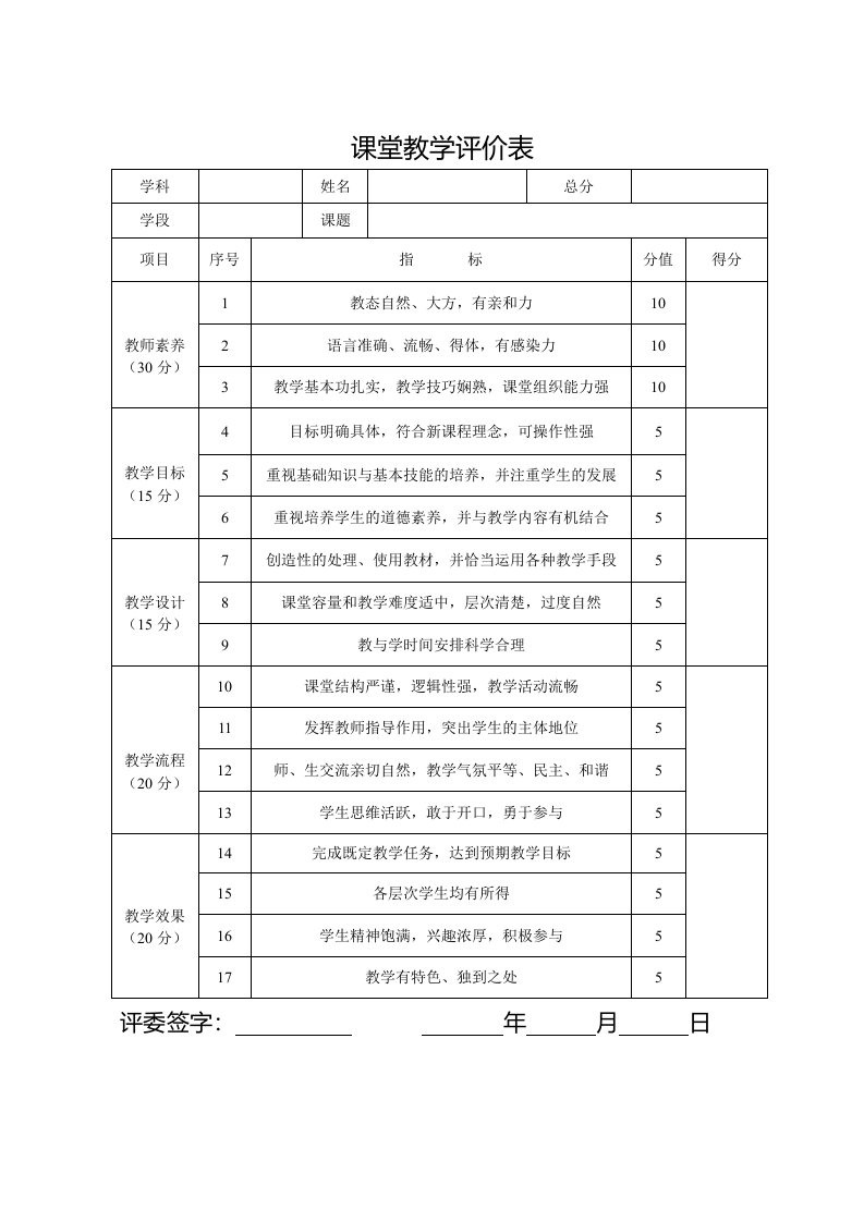 课堂教学评价表