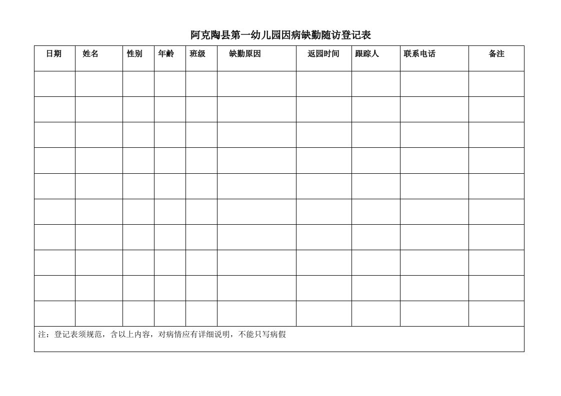 幼儿园因病缺勤跟踪登记表