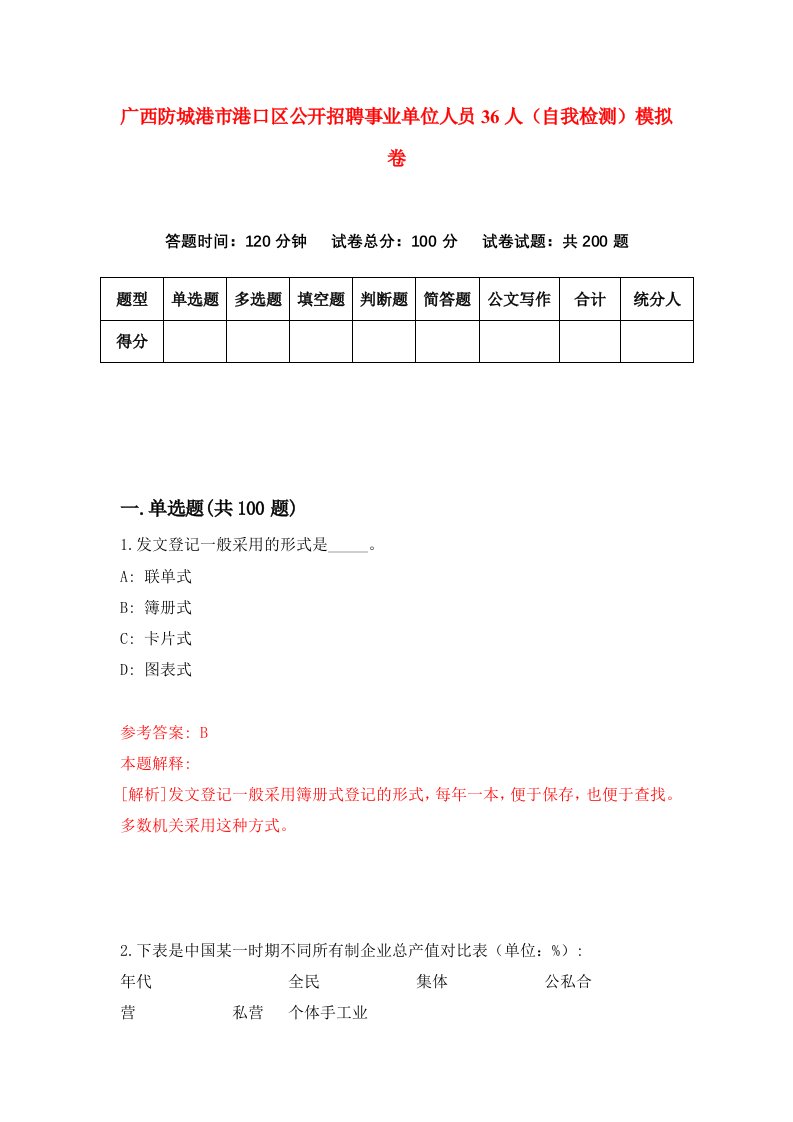 广西防城港市港口区公开招聘事业单位人员36人自我检测模拟卷第7套