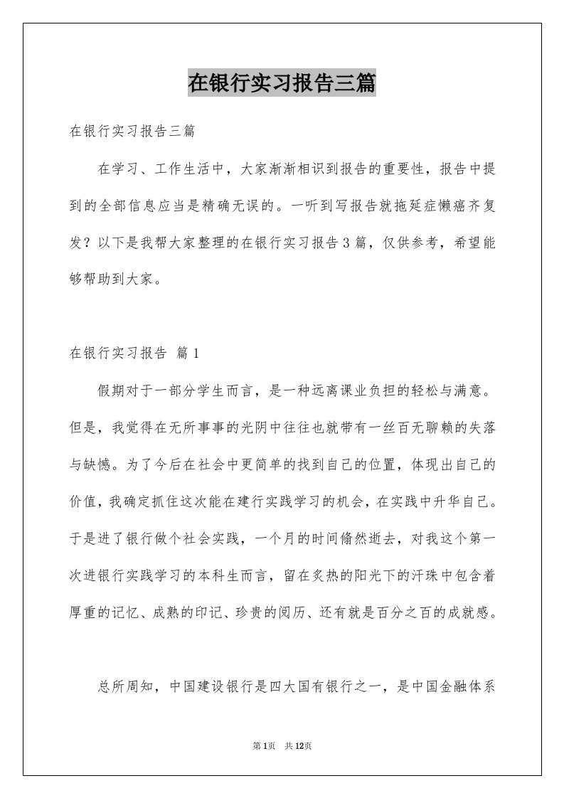 在银行实习报告三篇例文1