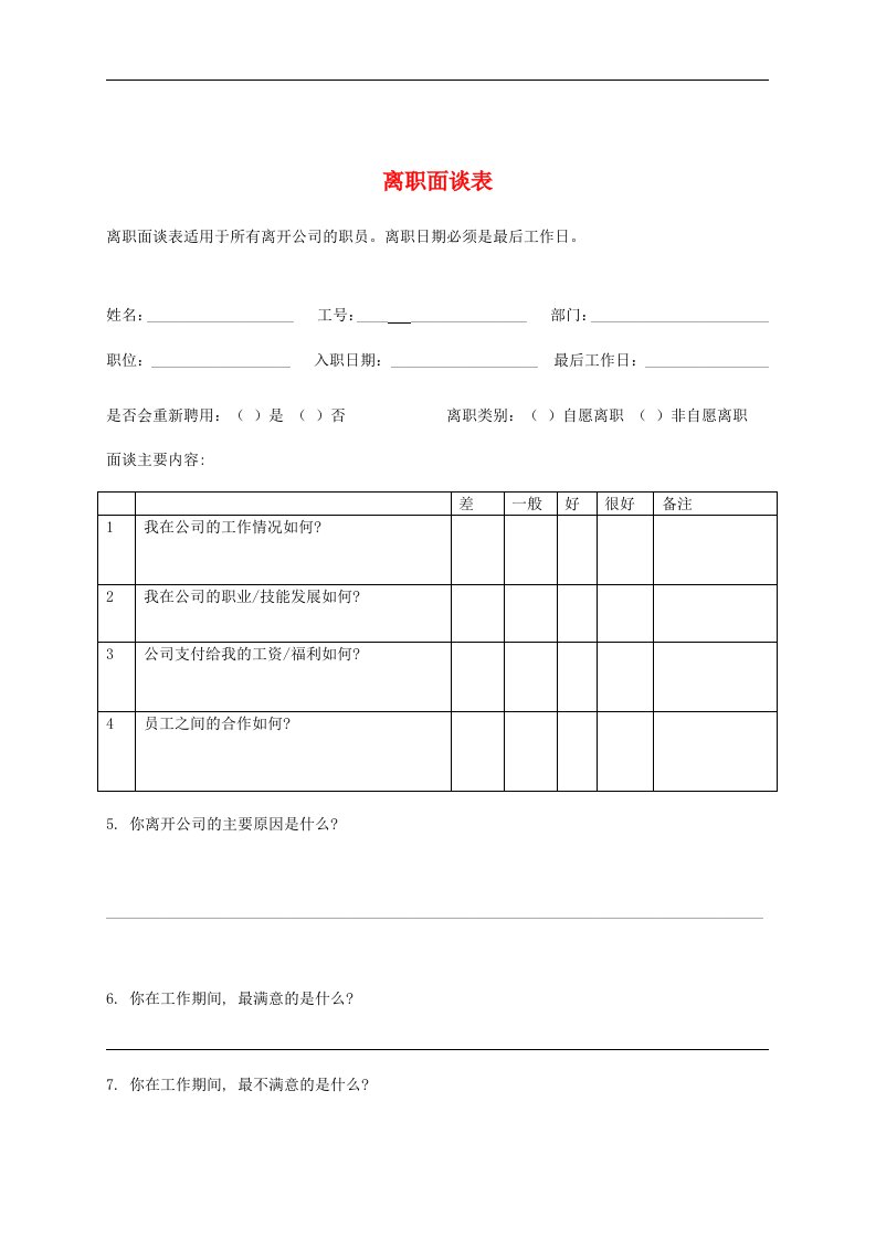 【管理精品】离职面谈记录表