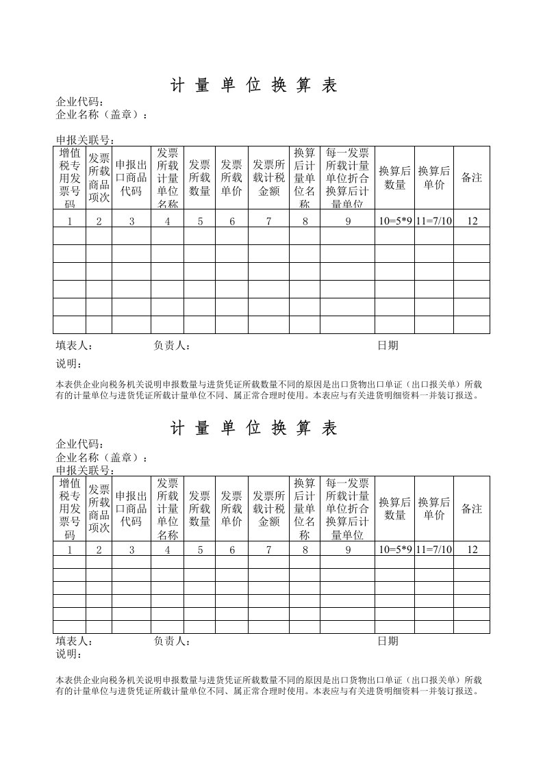 出口退税计量单位换算表