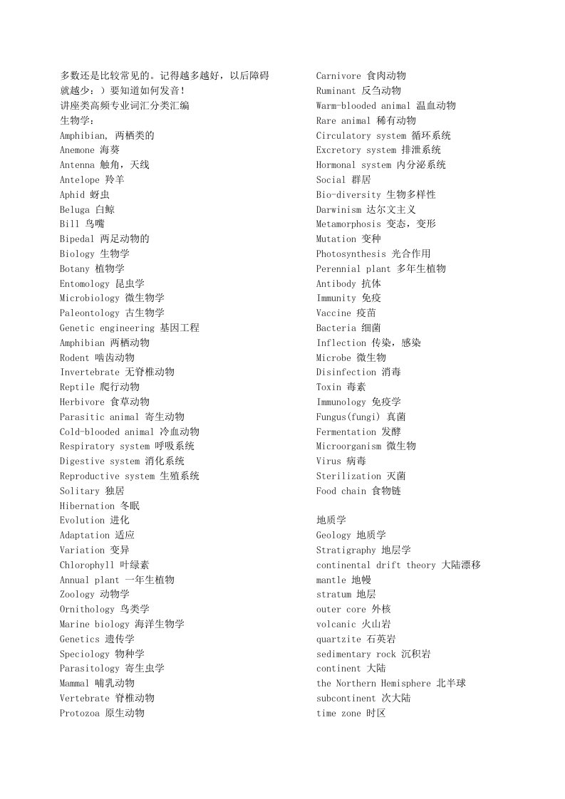 托福听力讲座类高频专业词汇分类汇编