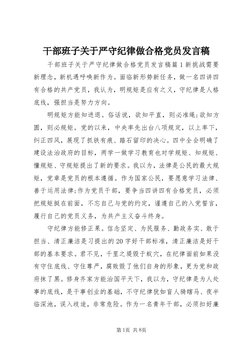 干部班子关于严守纪律做合格党员发言稿