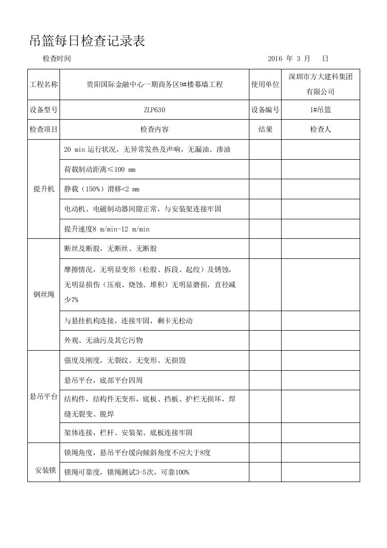 吊篮每日检查记录表(规范)