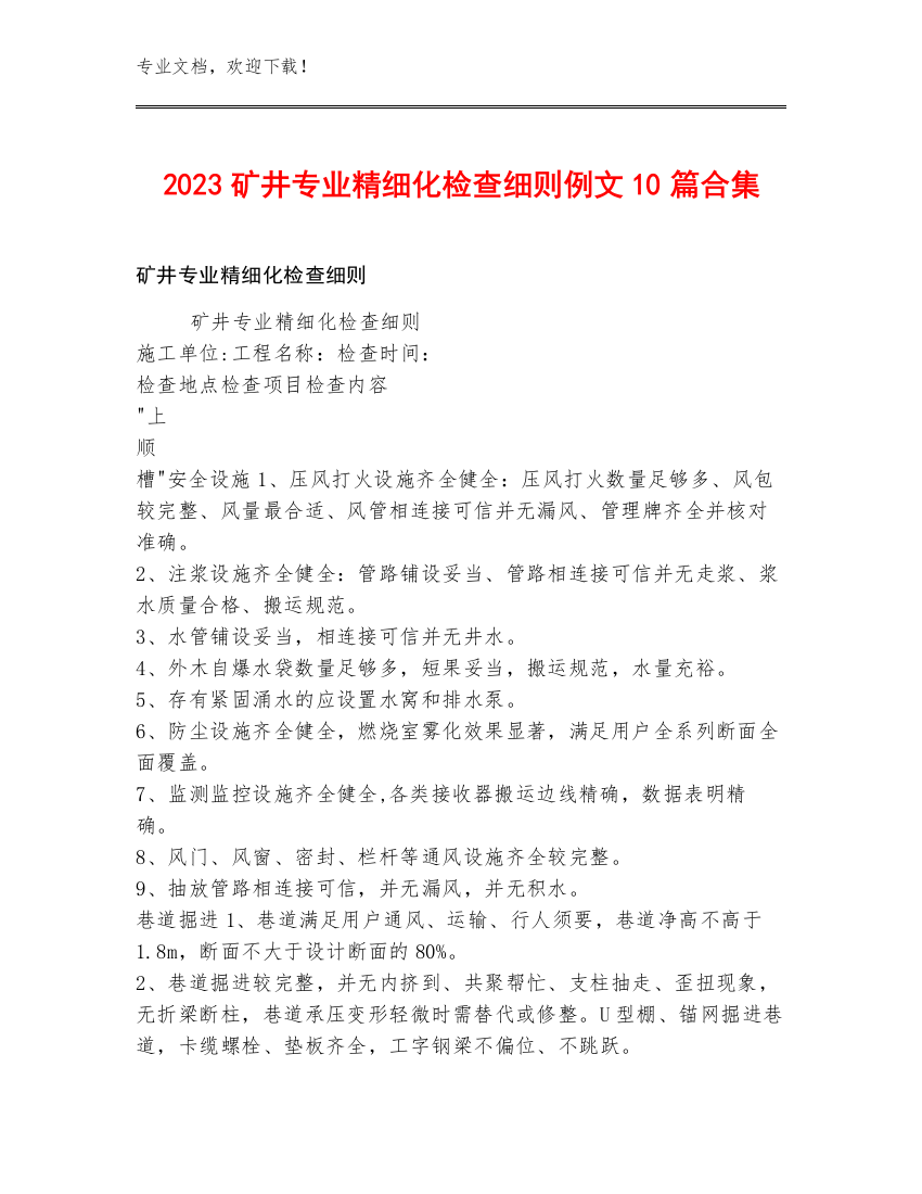 2023矿井专业精细化检查细则例文10篇合集