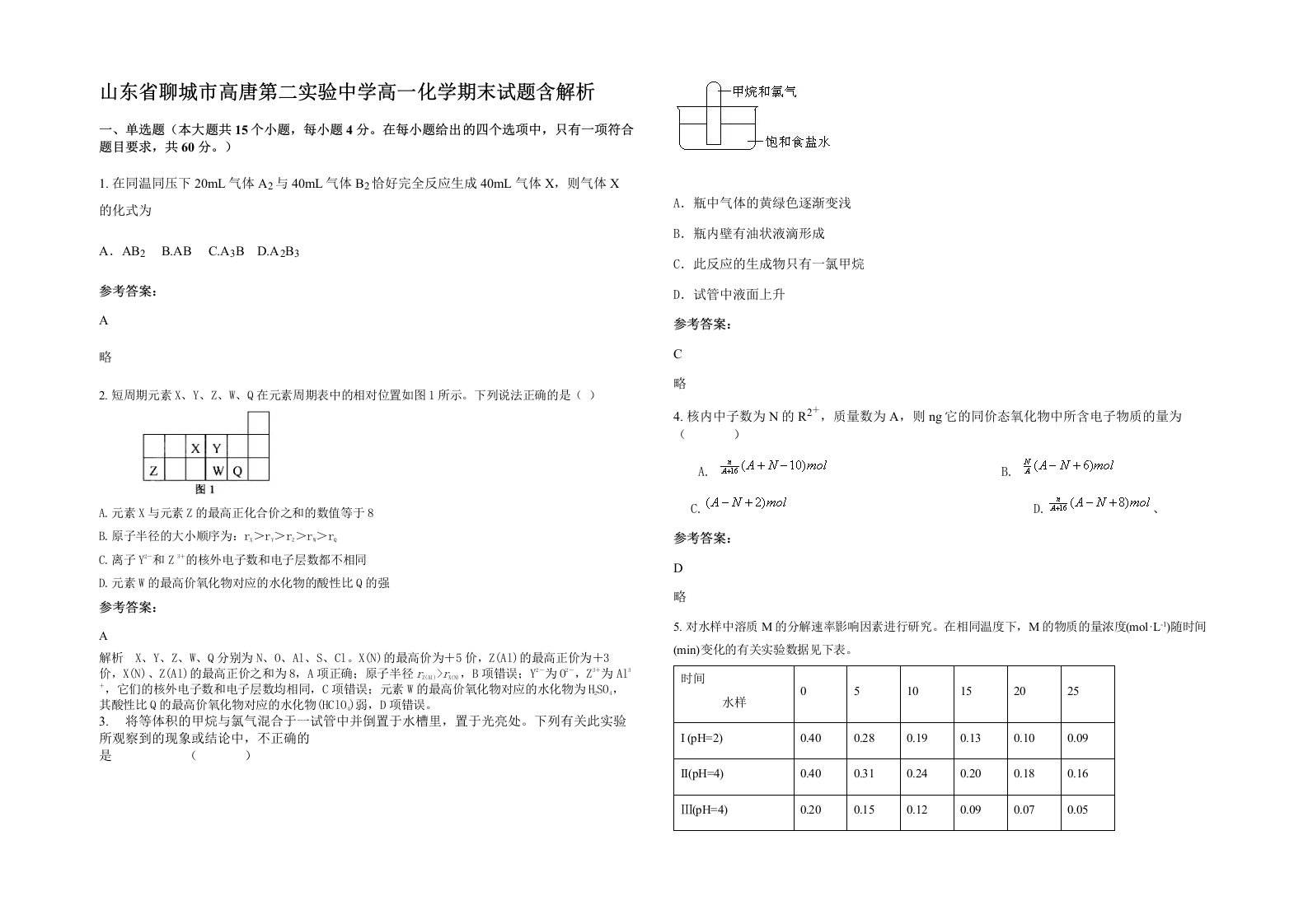 山东省聊城市高唐第二实验中学高一化学期末试题含解析