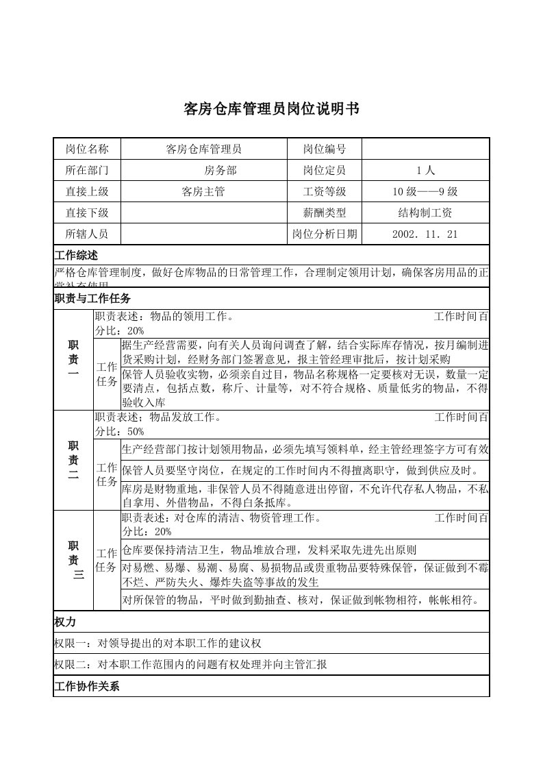 房务部客房仓库管理员岗位职责