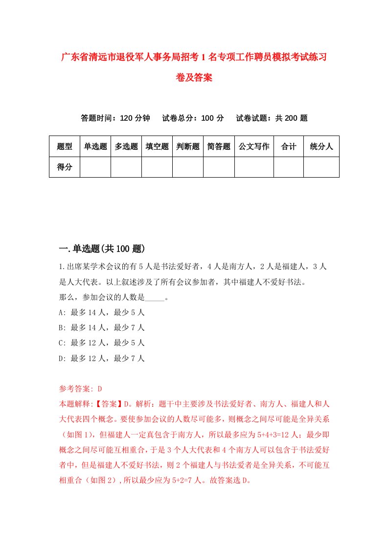 广东省清远市退役军人事务局招考1名专项工作聘员模拟考试练习卷及答案第5套