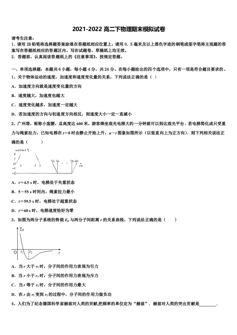 江苏省苏州市新草桥中学2022年高二物理第二学期期末综合测试试题含解析