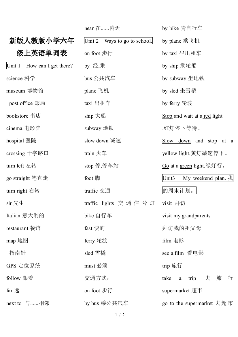 新版人教版小学六年级上英语单词表