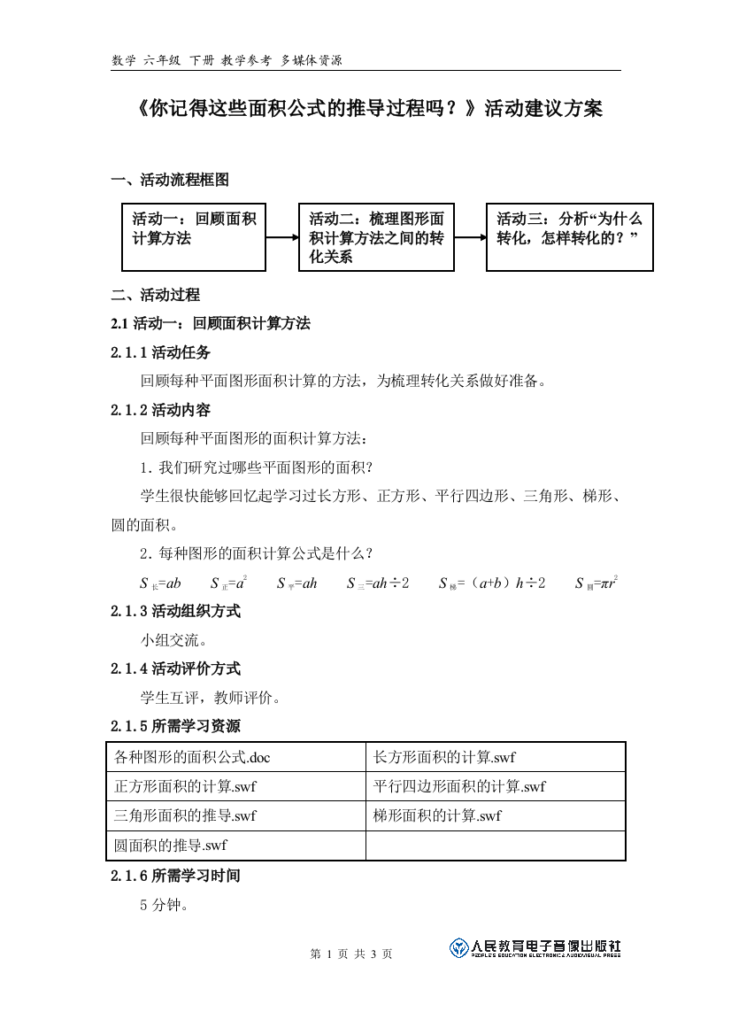 《你记得这些面积公式的推导过程吗？》活动建议方案