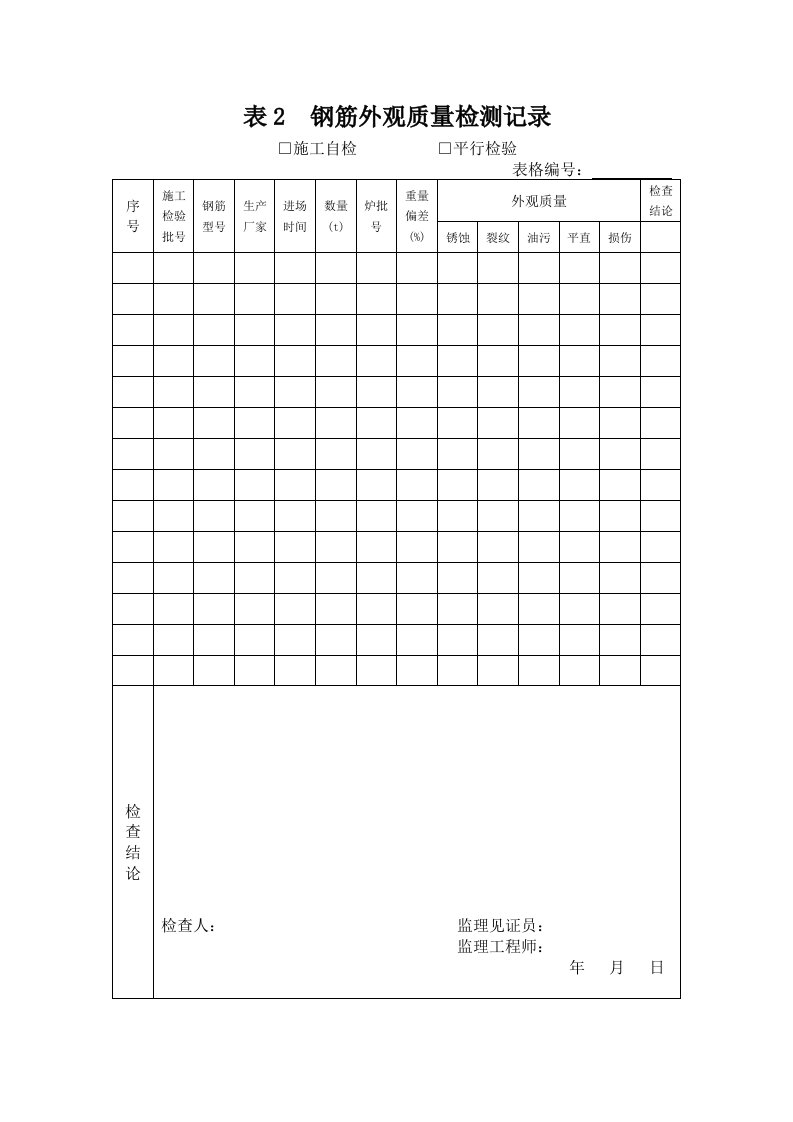 表2钢筋外观质量检测记录