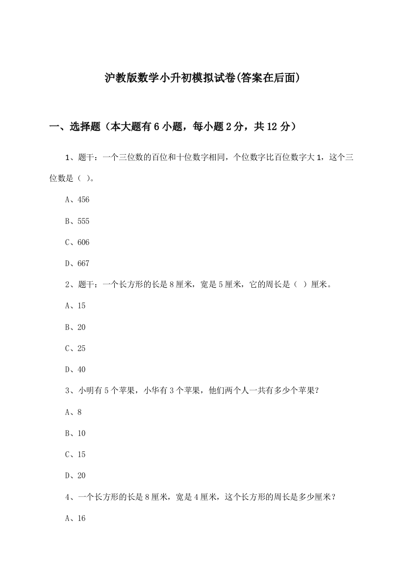 沪教版数学小升初试卷及答案指导