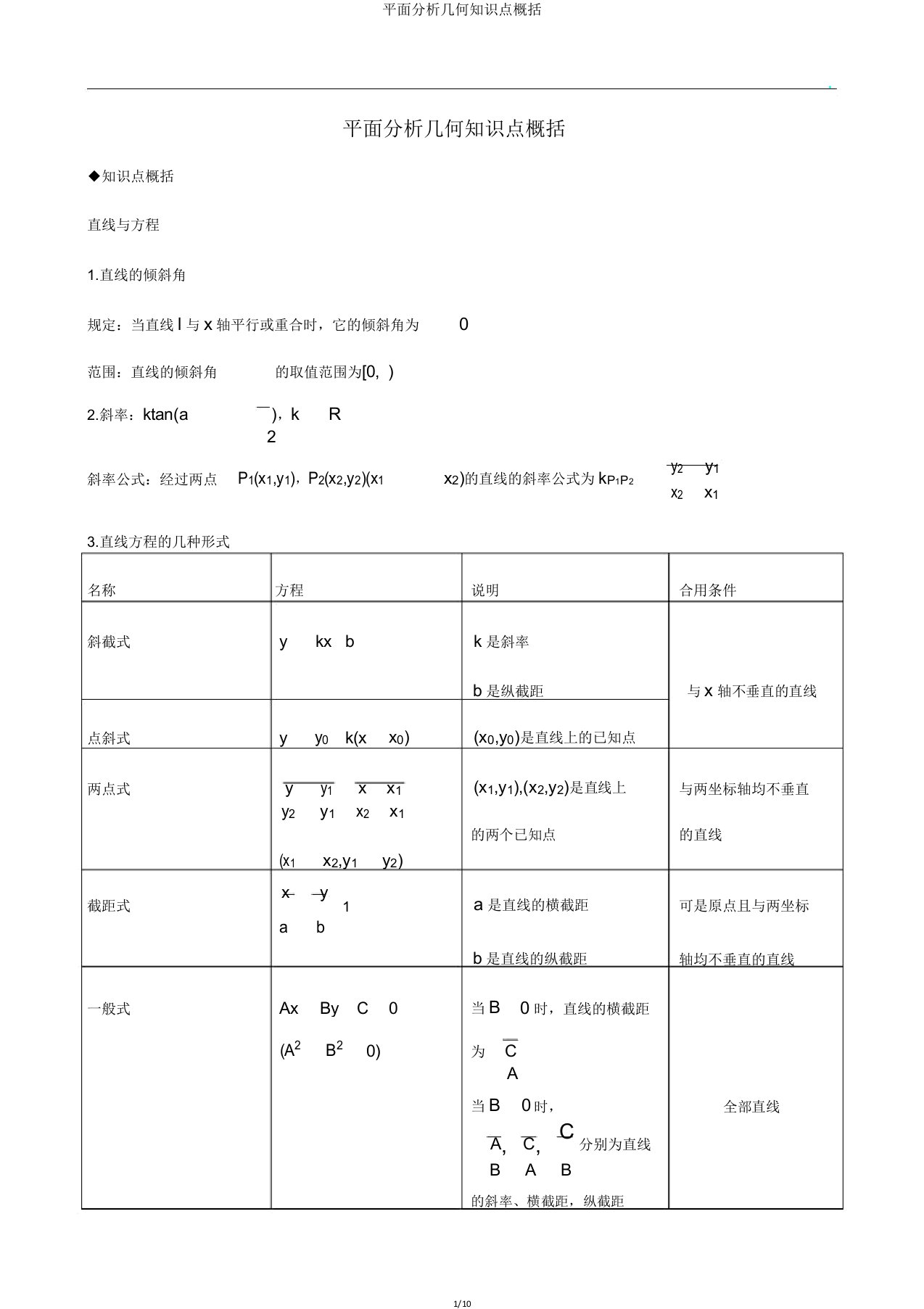 平面解析几何知识点归纳