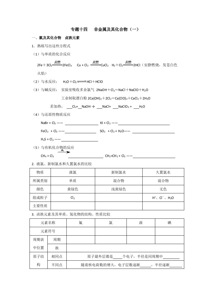 河南省商丘市第二十中学高三第二轮复习化学教学案21专题十四非金属及其化合物（一）